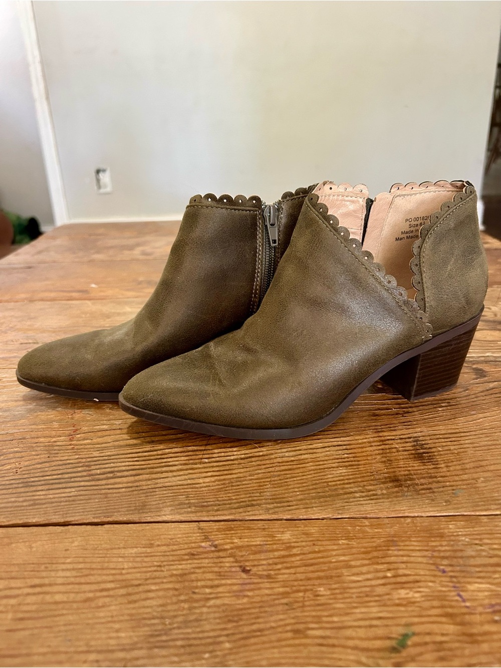 Women's Olive Scalloped Ankle Booties - Stylish Low Heel